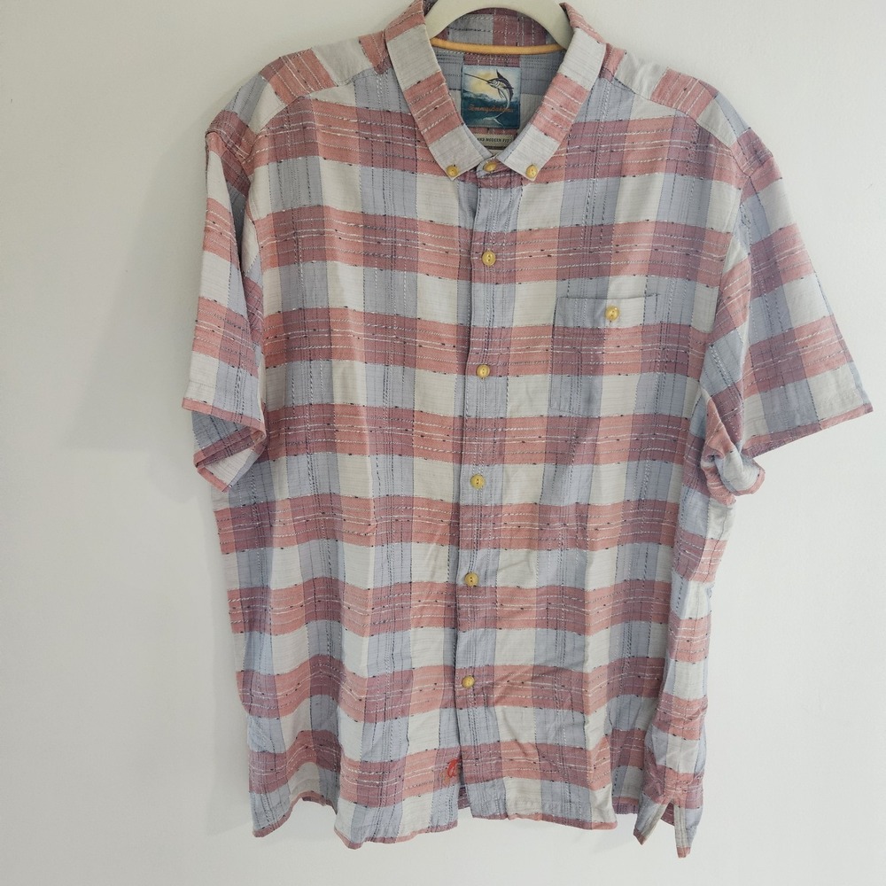 Tommy Bahama Cotton Silk Short Sleeve Shirt Blue Textured Print Men XL Plaid Che